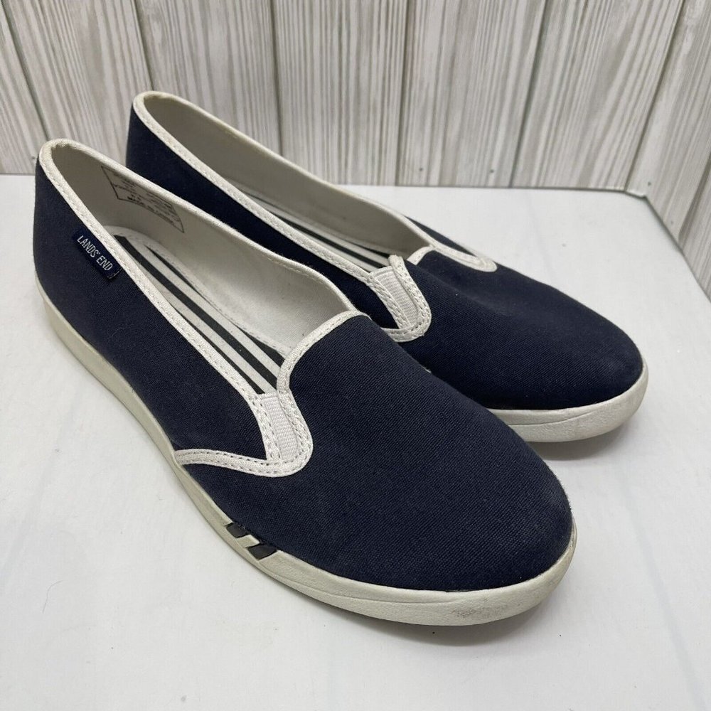 Lands End Womens Blue Slip On Loafer Canvas Comfort Flats 361804 Sz 9M
